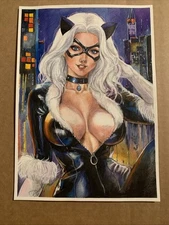 Sexy Black Cat (8x12/A4) Original Comic Art Painting Pinup by Sheludchenko
