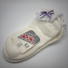 1 Pair Women's Vintage Terry Cuff Socks White Lace With Purple Bow 8-9.5 80s 90s