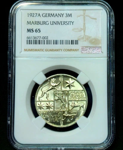 3 Reichsmark 1927 A University in Marburg Weimar Republic Germany MS65 NGC 150K!