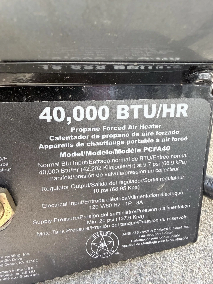 PROCOM MAGNUM 40,000 BTU PORTABLE FORCED AIR LP PROPANE HEATER w/ REGULATOR - Image 4 of 4