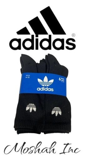 Adidas 6 Pair Pack Original Trefoil Athletic Moisture Wicking Crew Socks Black - Picture 1 of 3