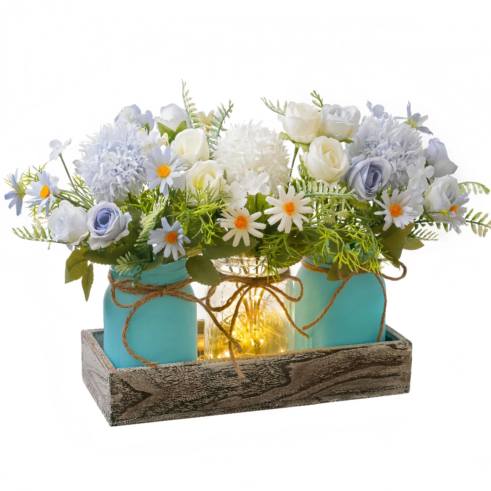 Mason Jar Lights Centerpiece Table Decor for Dining Room Farmhouse Wood Tray ...