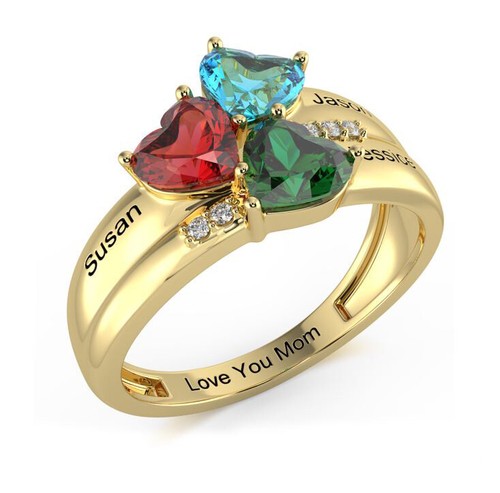 Personalized Gold 3 Heart Birthstone Mother's Ring -Engraved Mom Ring - Picture 2 of 5