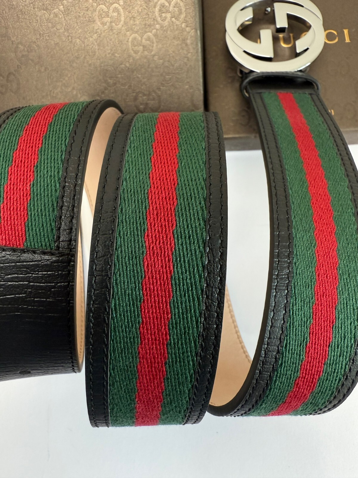 Gucci GG Silver Buckle Web Belt Black Green Red 110cm Fits 38W