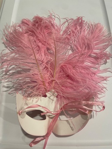 Pink and Gold Sparkly Venetian Masquerade Mask with Feathers - Picture 5 of 6