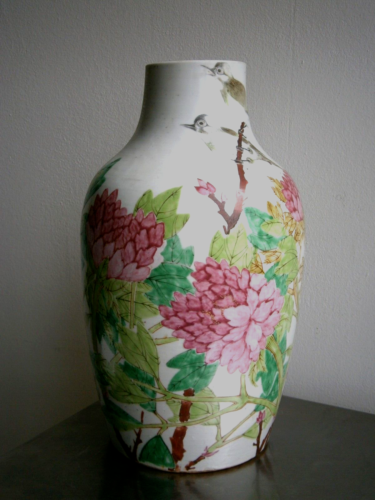 Grand Vase Porcelaine Chine Canton décor Dahlias Oiseaux Céramique Asie 3kg - Photo 1/13