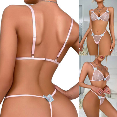 Women Sexy Lingerie Sexy Pink Butterfly Bra&Thong Set Sleepwear Underwear  Bikini | eBay
