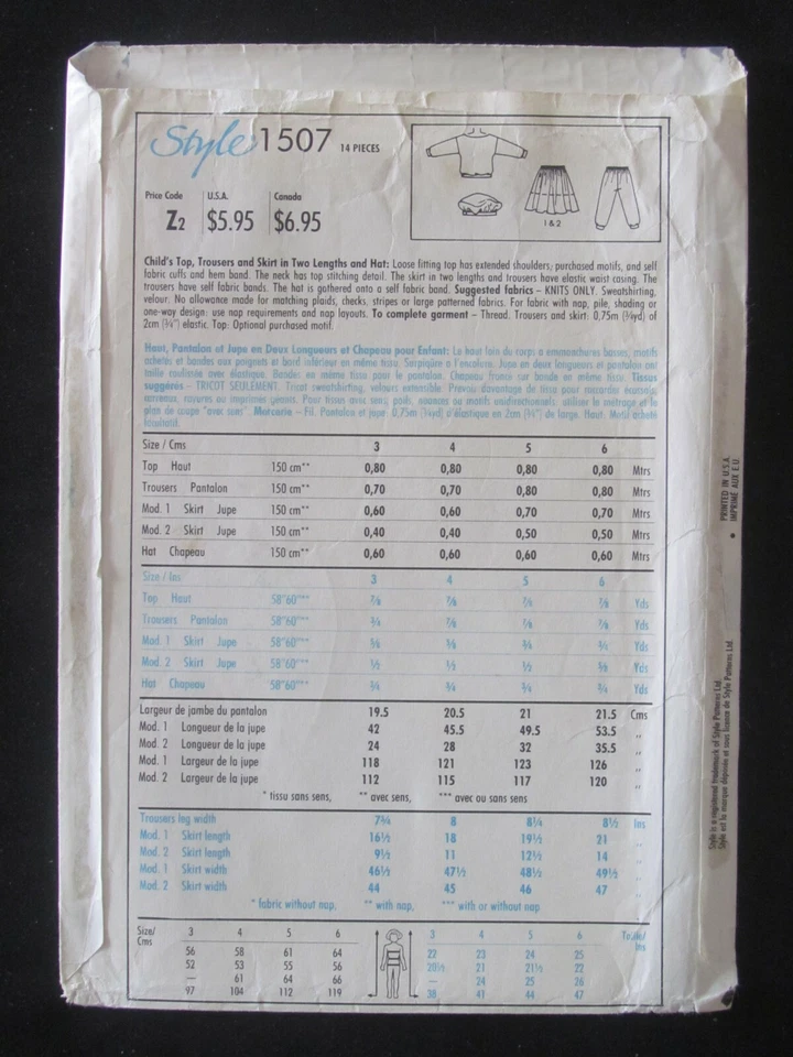 STYLE PATTERN - 1507 GIRLS' BOYS' TOP SWEATSHIRT PANTS SKIRT HAT SIZE 6 UNCUT  - Image 2 of 2