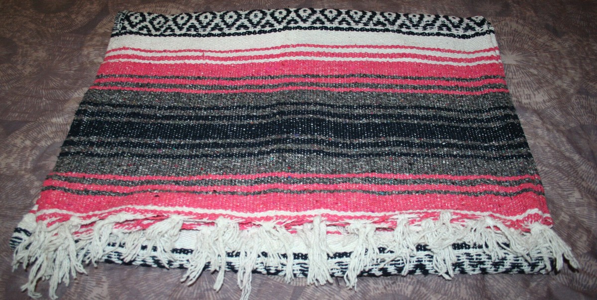 VTG Cotton Mexican Blanket Hand Woven 50x72 Pink Black White