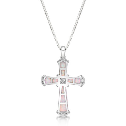 .07 cttw Diamond and Created Opal Cross Pendant in Sterling Silver 18" - Picture 3 of 7