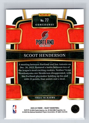 2023-24 Panini Select Scoot Henderson #77 Rookie Card - Picture 2 of 2