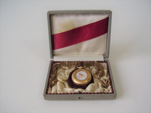 Antike 585 Gold Damen Taschenuhr mit Halskette im Etui um 1900 (13) - 第 1/7 張圖片