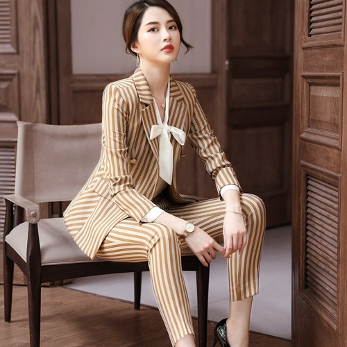 Trabajo Traje de Pantalón Mujer de un solo botón traje de rayas entrevista mujer  ropa | eBay