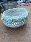 Vintage Milk Glass white lattice bowl rimmed with pale roses