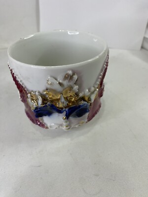Antique Luster-ware Raised Floral Pattern Coffee Mug Iris Purple Gold Unmarked