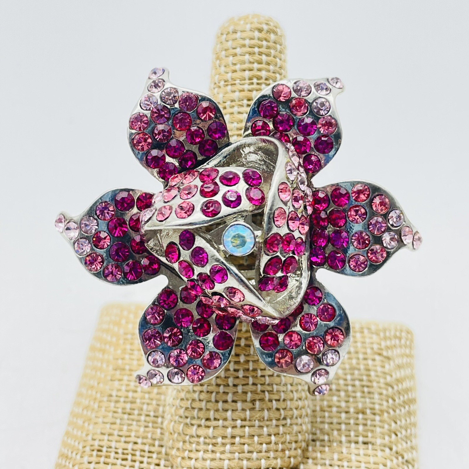 Pink Rhinestone Flower Statement Ring Silver Tone… - image 6