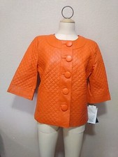 Jerry Lewis Quilted Orange Leather Jacket Women's Size P S 3/4 Sleeve Button