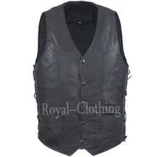 Men's New Black Leather  Motorcycle Longer Cut and Concealed Carry Pockets Vest