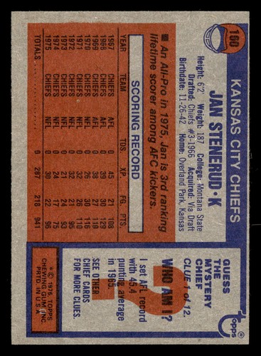 1976 Topps Jan Stenerud #160 NM Kansas City Chiefs - Bild 2 von 2