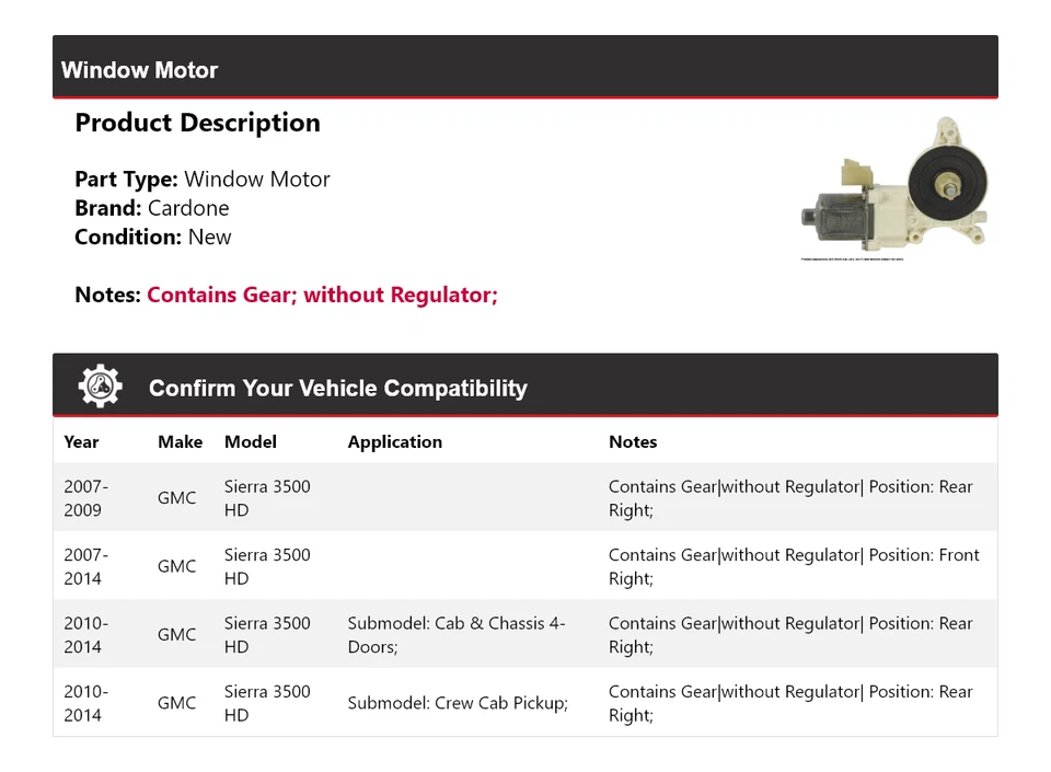 Para GMC Sierra 3500 HD Ventana Motor Cardone 2007-2014 2008 2009 2010 2011 2012 Foto 2 de 4