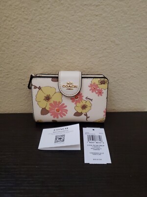 NWT Coach Medium Corner Zip Wallet With Floral Cluster Print Chalk