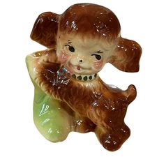 Vintage Puppy Dog Pottery Planter Bisque w/ Green boots 6" Tall Brown EUC