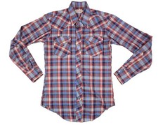 VTG H Bar C Ranchwear Red Blue Plaid Pearl Snap Shirt Long Tail Size Medium