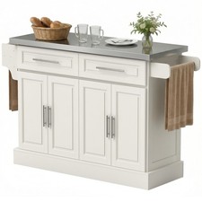 Rolling Kitchen Island Cart w/ Stainless Steel Top 2 Drawers Cream White