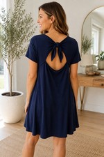 Loft Navy Tie Back Dress Short Sleeve Round Neck Super Soft Casual Dress Medium
