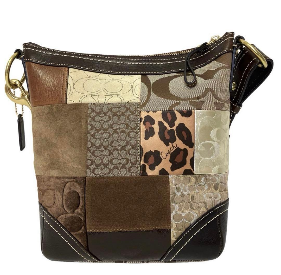 Coach Patchwork Shoulder Bag Leopard Canvas Leath… - image 2