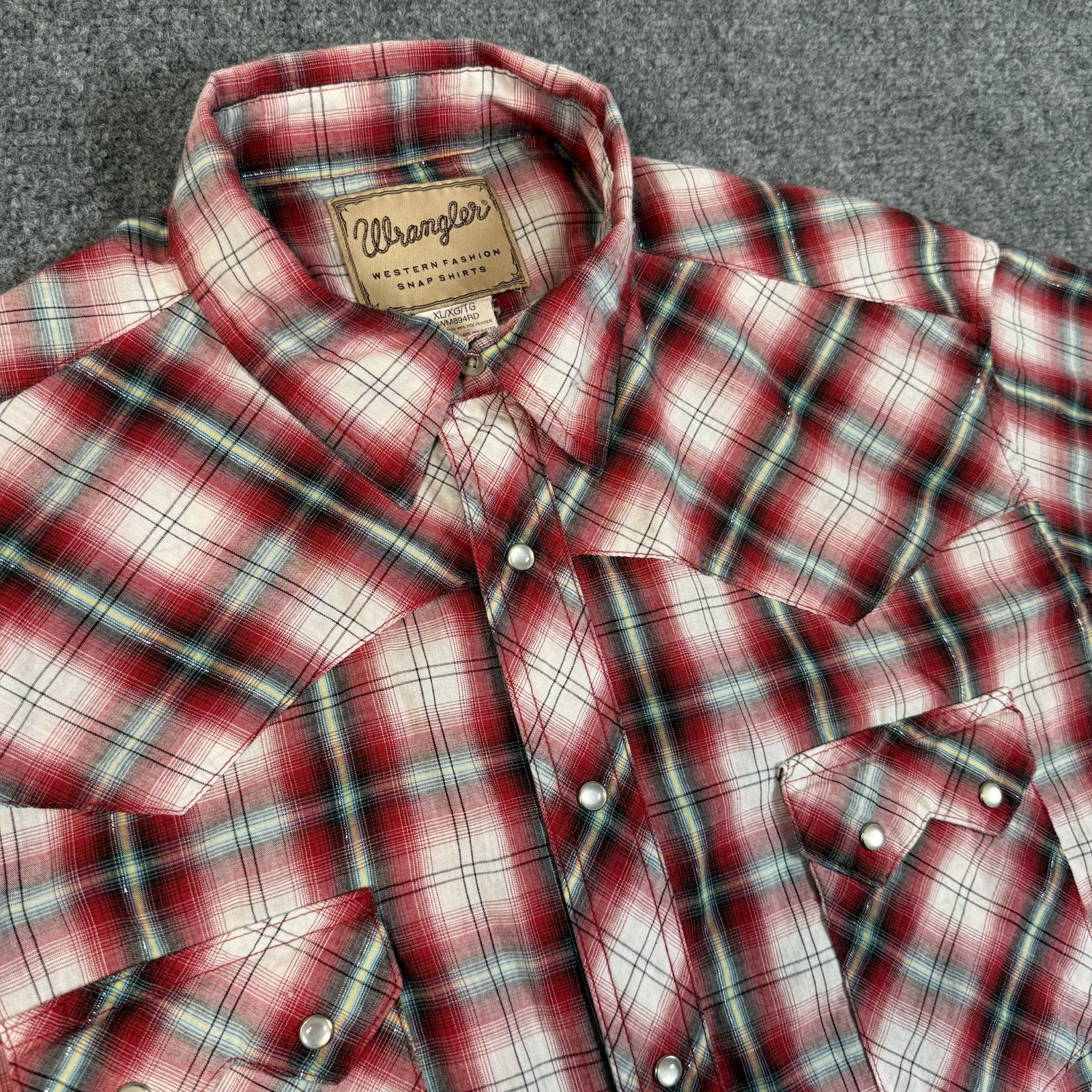 🤠 Wrangler Western Shirt Mens XL Red Plaid Pearl Snap Sawtooth Metallic Cowboy