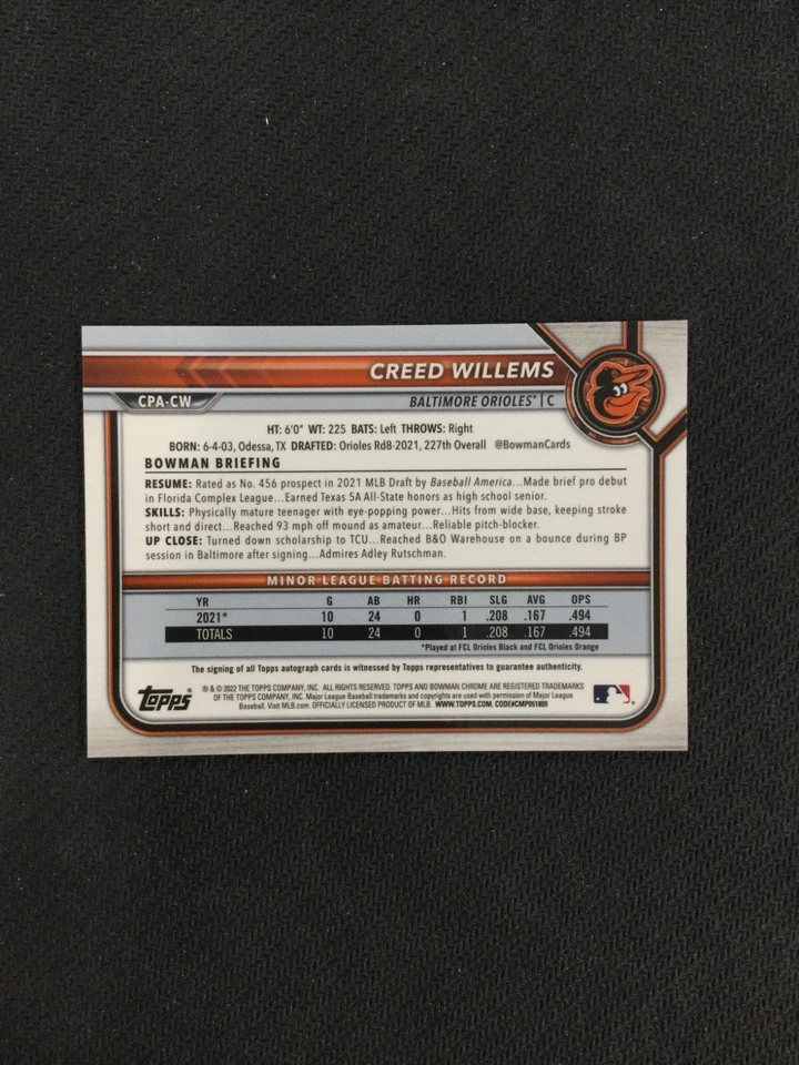 2022 Bowman Chrome Prospect #CPA-CW Creed Willems Auto Speckle Refractor /299 - Image 2 of 2