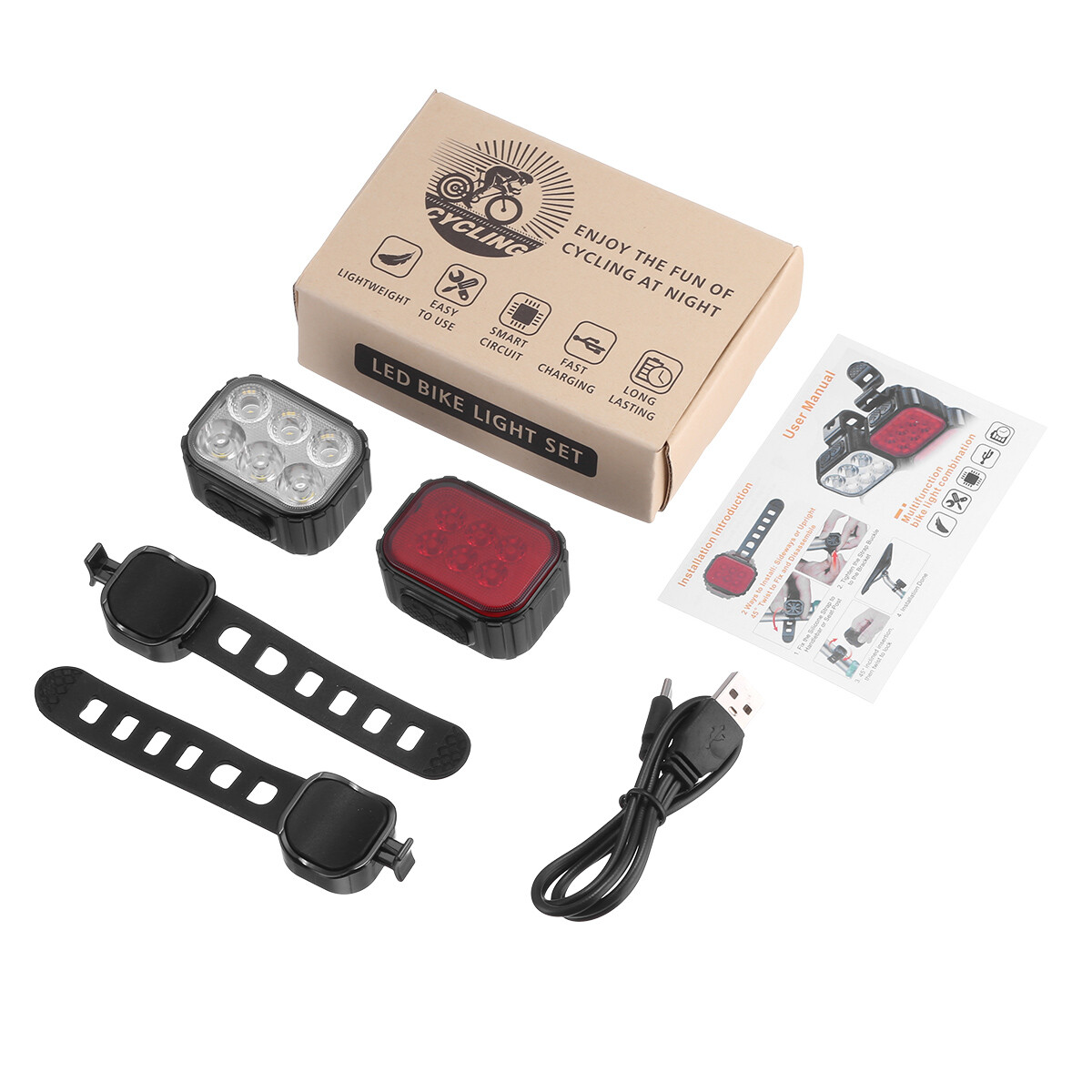 Bike Lights Set Ultra Bright Bicycle Light Rechargeable w/ 6 Spot & Flood Beams