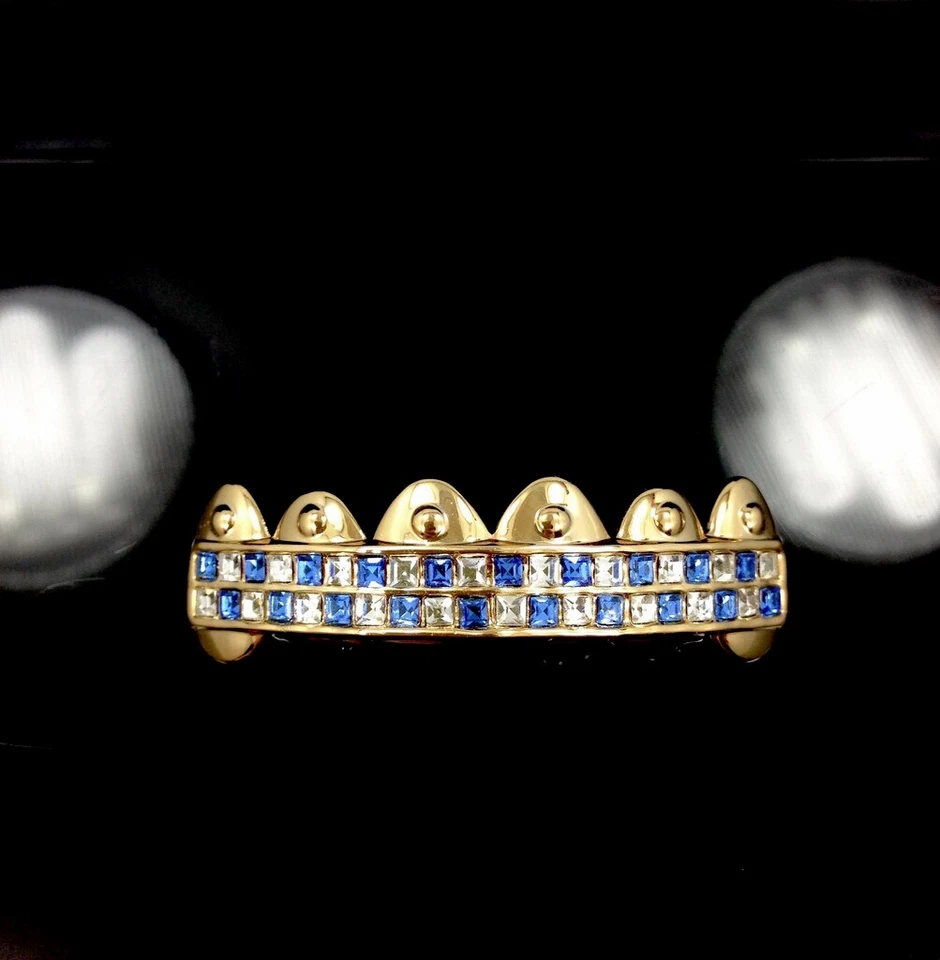 PREMIUM 14k Gold GP Grillz TOP 6 Tooth iced Band HipHop BLUE ice Grill Bling out - Image 2 of 2