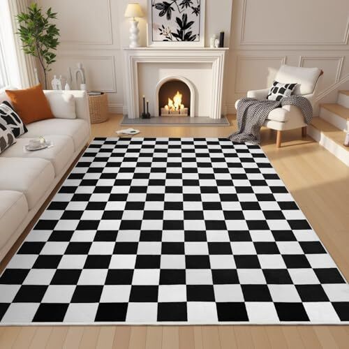 Black and White Checkered Rug for Living Room Bedroom, 6x9 Ft Black & White - Picture 2 of 7