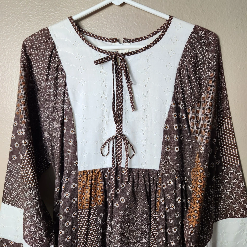 Maxi Vestido Trivia Vintage Años 70 Patchwork Hippie Pradera-Talla M Foto 3 de 4