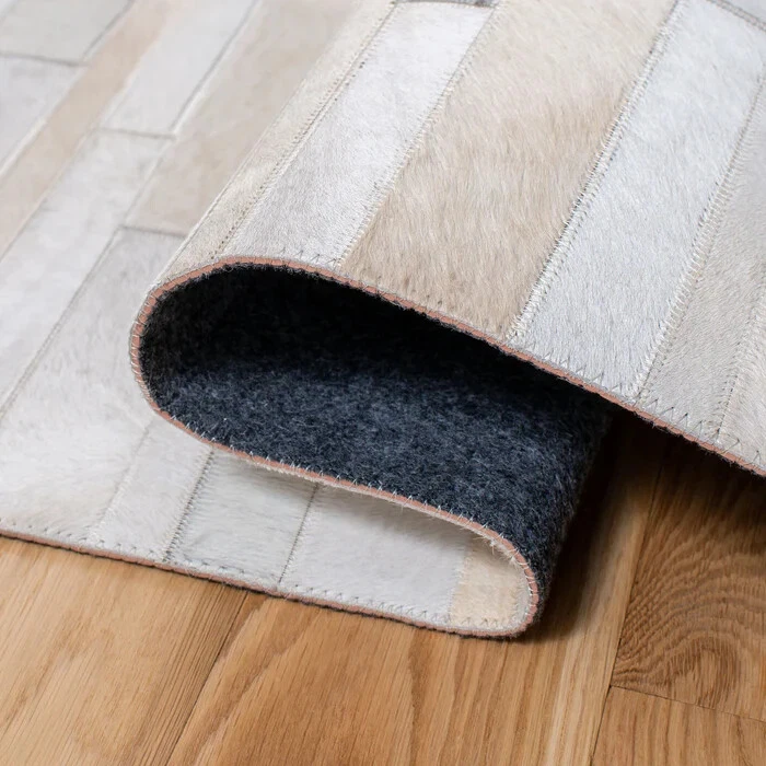 Natural Cowhide Leather Rug Hair On White Patchwork with Lengthwise Stripe Rug - Image 3 of 4