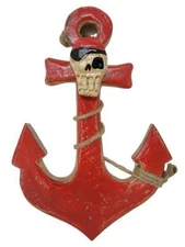 Wood Pirate Skull Anchor Nautical Beach Home Tiki Bar Wall Decor 10" Blue or Red