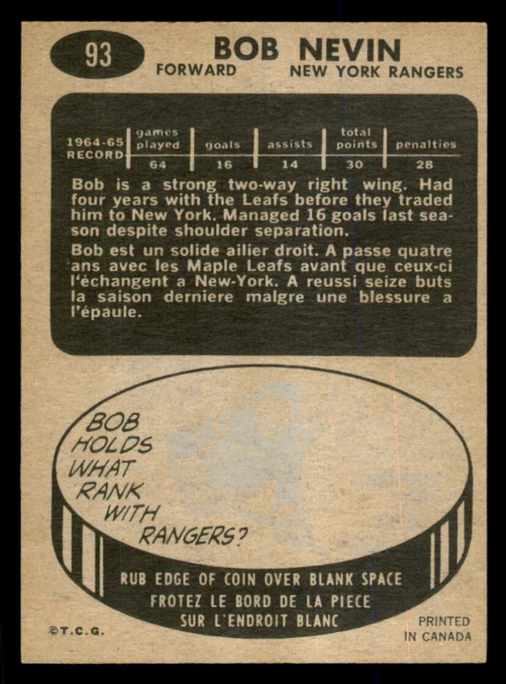 1965-66 Topps - #93 Bob Nevin EX *RC18 - Image 2 of 2