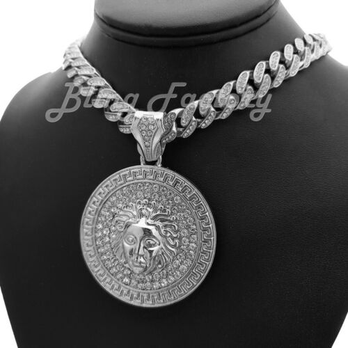 Hip Hop Silver Medusa Head Pendant & 16" 18" 20" Full Iced Cuban Chain Necklace - Picture 1 of 21