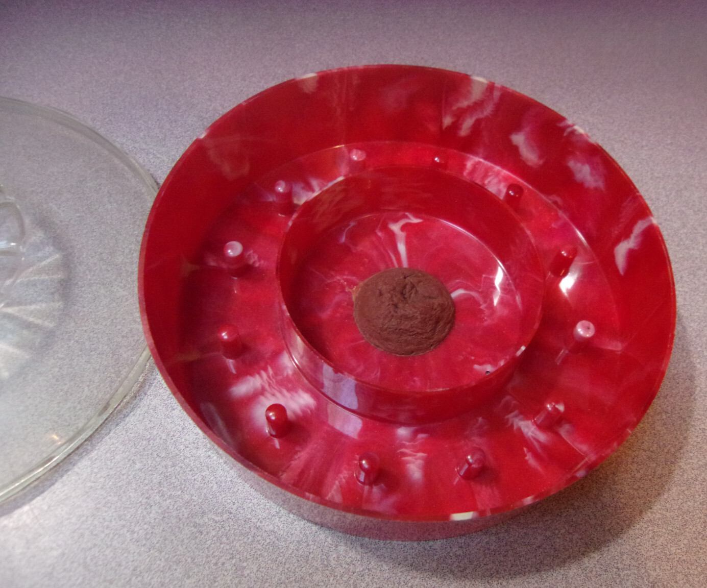 Vintage Round Red Marbled Sewing Thread Needle Storage Holder Container