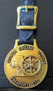 STOVER ENGINE WORKS Hit Miss Engine Brass Pocket Watch Fob Freeport Illinois IL