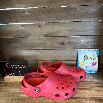 Womens Crocs Classic Red Comfort Casual Slip On Clogs Shoes W/ Jibbitz Size 7 M
