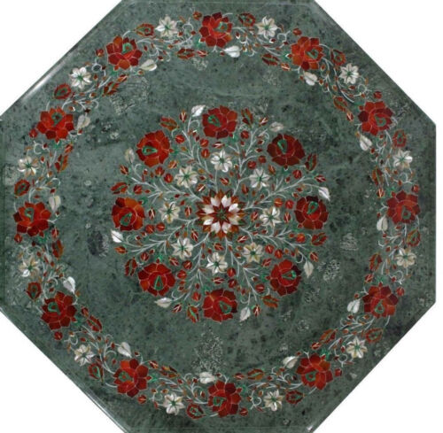 2'x2' Green Marble Table Top Inlay Stone Dining Coffee Corner Center Use Room - Picture 3 of 4
