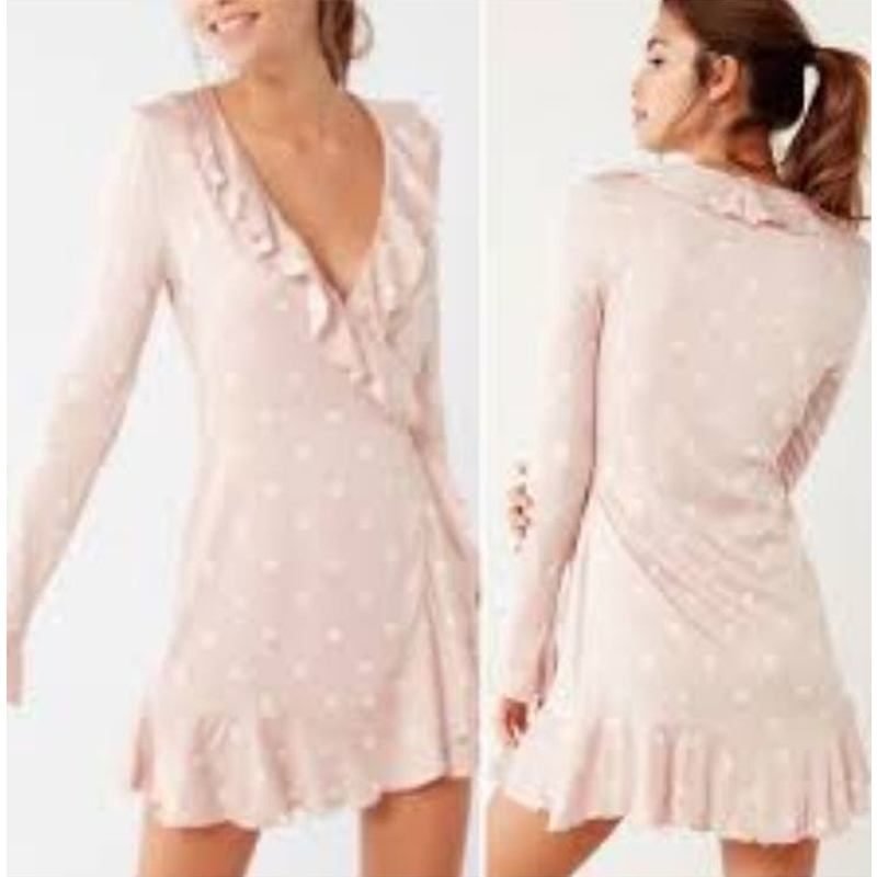 NEW Urban Outfitters Light Pink Polka Dot Mini Wrap Dress XS