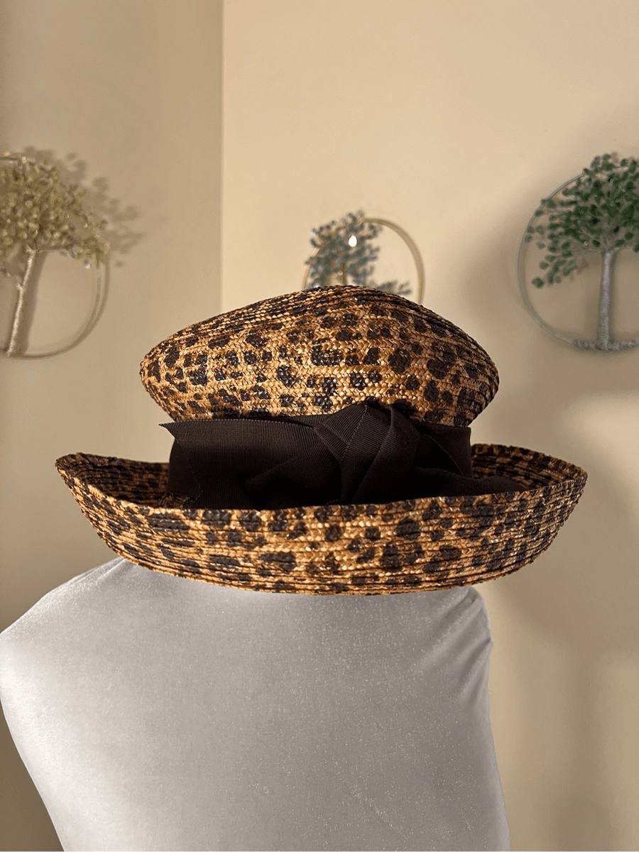 Eric Javits Tan and Brown Leopard Animal Print Straw Hat 