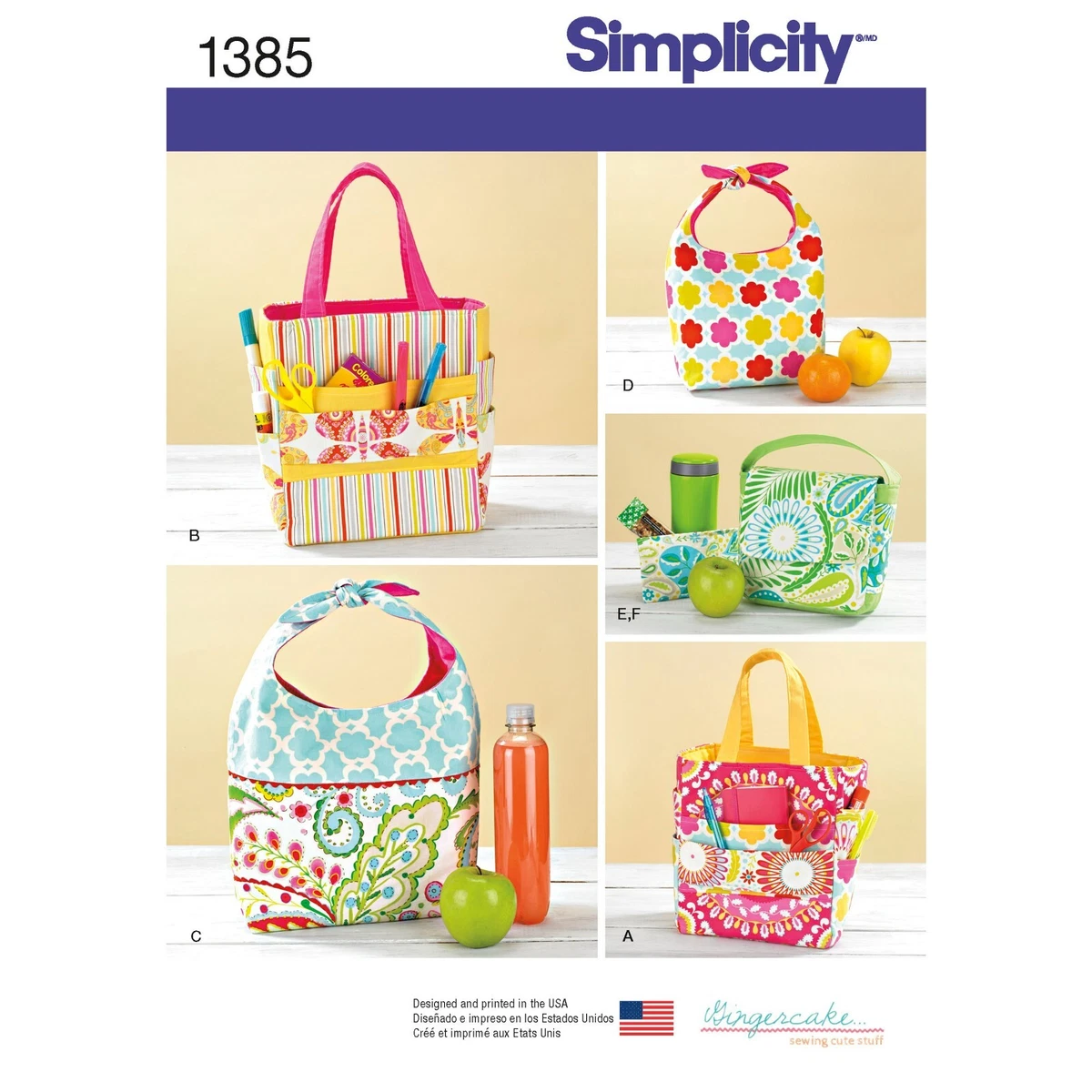 SIMPLICITY 1385 ART CADDY LUNCH BAGS SNACK BAG Simplicity Sewing Pattern