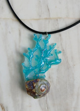 Blue Resin Coral Charm Pendant Necklace w/ Na...