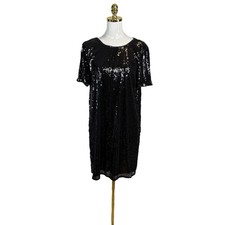 Nine West Black Sequin Shift Dress Size L Short Sleeve Party Cocktail Holiday
