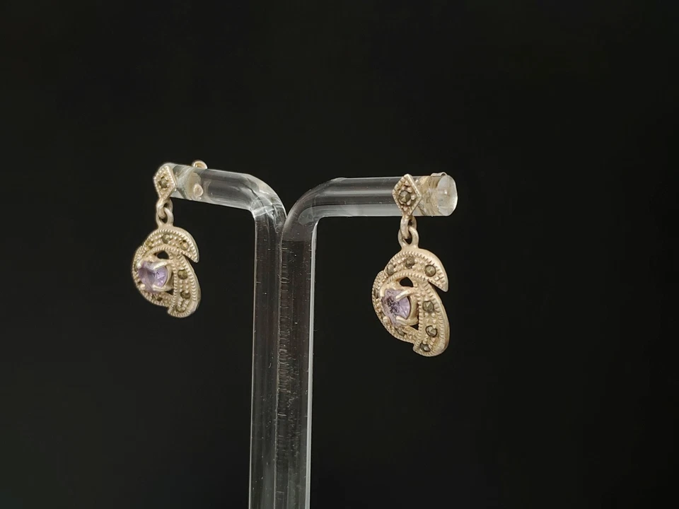 Orecchini donna vintage argento 925 ametista marcasite pendenti - Immagine 2 di 4